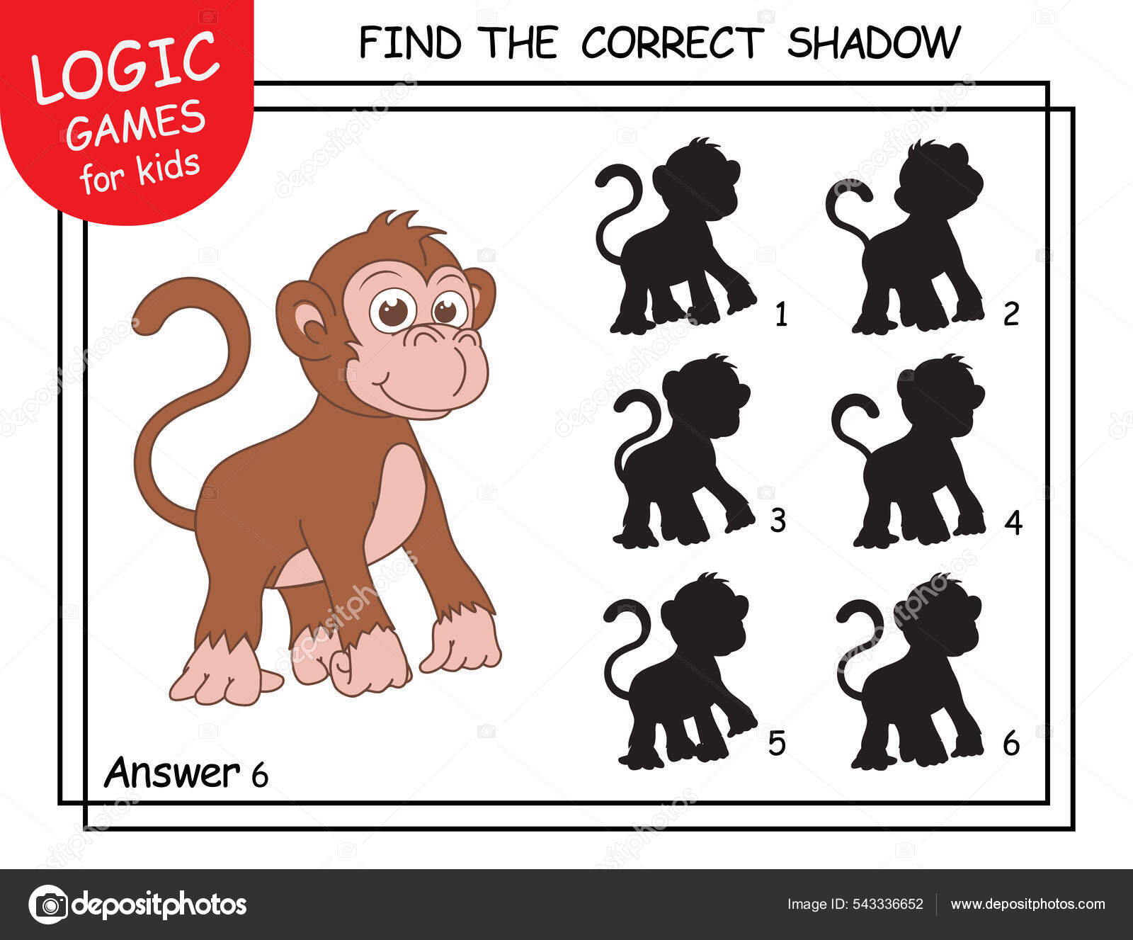 Encontre Macaco Sombra Correto Tarefa Com Resposta Bonito Desenho Animado  imagem vetorial de KidLand© 543336652